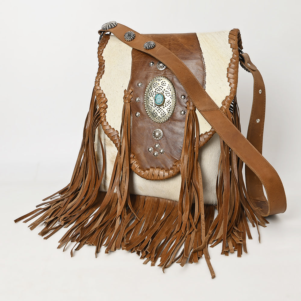 ADBGM253 Cowhide Leather Fringe Messenger Bag - Turquoise Concho & Studded Western Messenger