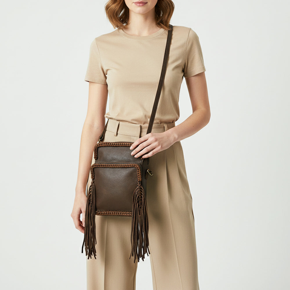 ADBGM354 Leather Fringe Crossbody Bag - Dual Pocket Western Braided Mini Purse