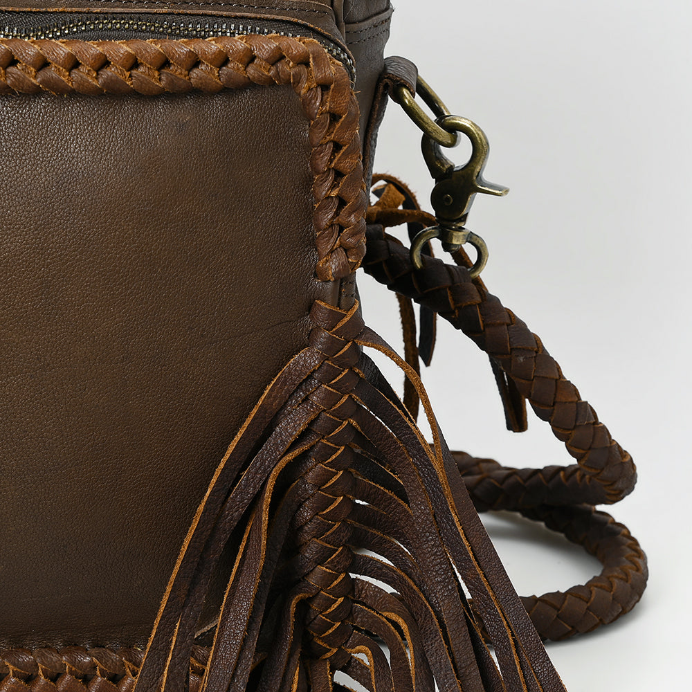 ADBGM354 Leather Fringe Crossbody Bag - Dual Pocket Western Braided Mini Purse