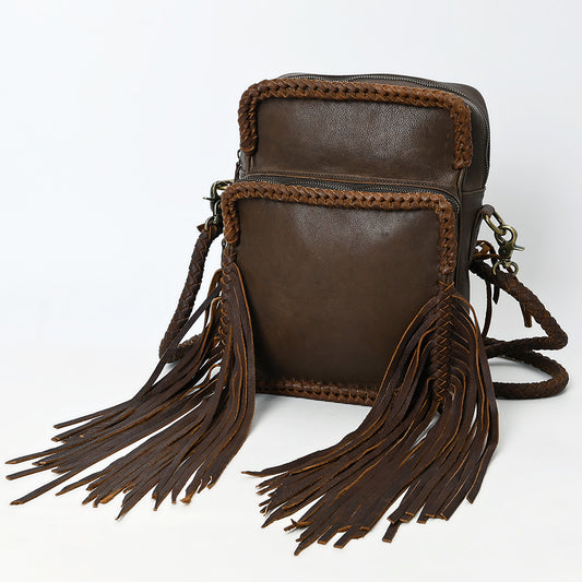 ADBGM354 Leather Fringe Crossbody Bag - Dual Pocket Western Braided Mini Purse