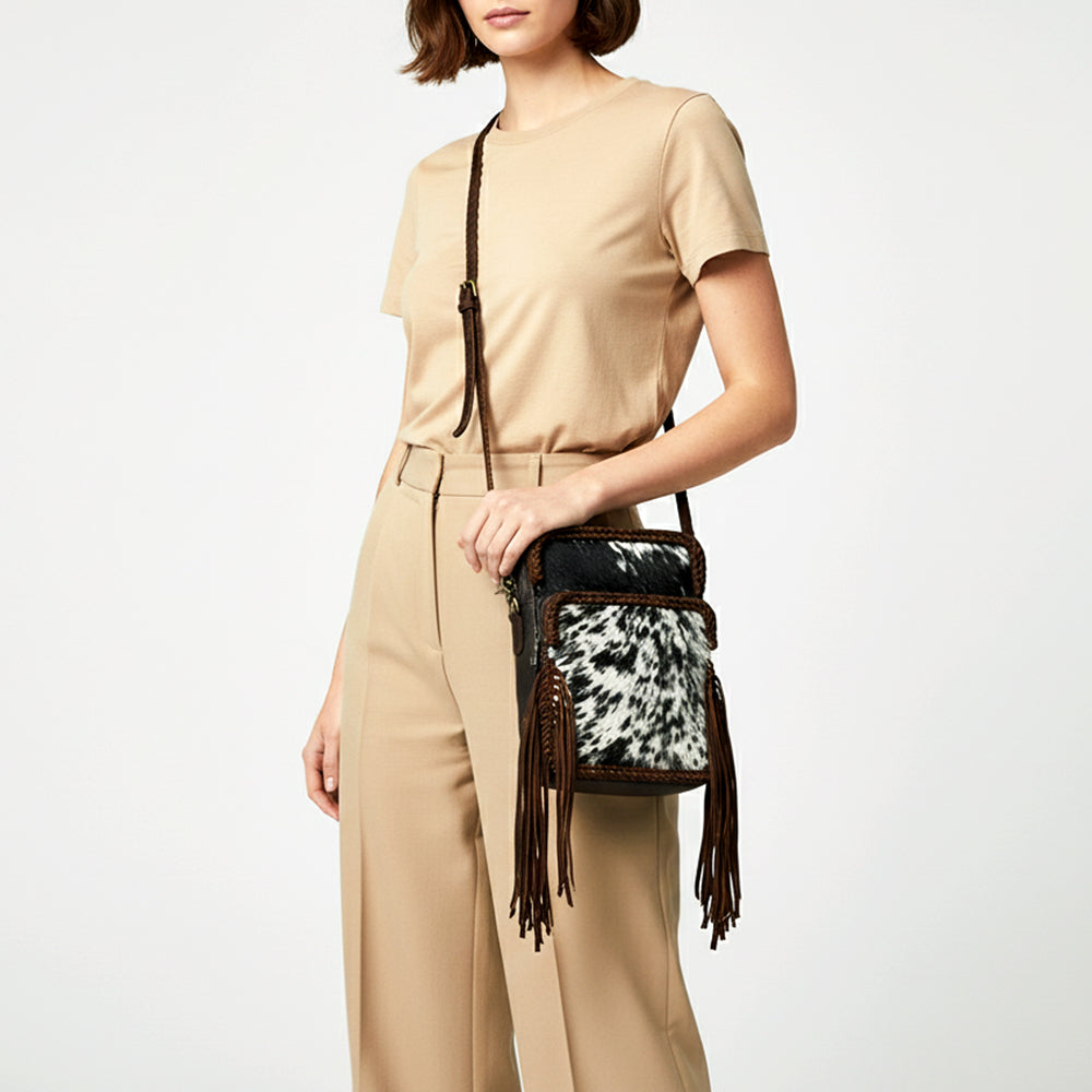 ADBGM354B Hair-On Cowhide Fringe Crossbody Bag - Dual Pocket Mini Western Leather Purse