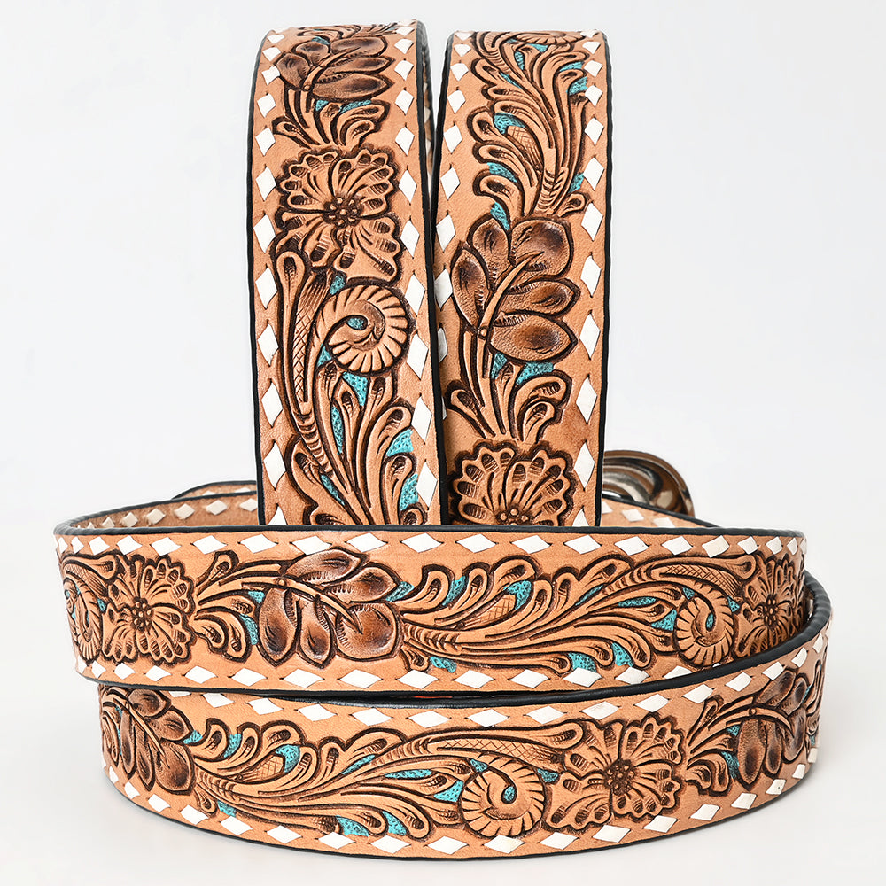LC-ADBLF258 Tan Floral Tooled Leather Belt with Turquoise Accents and Whipstitch Edge