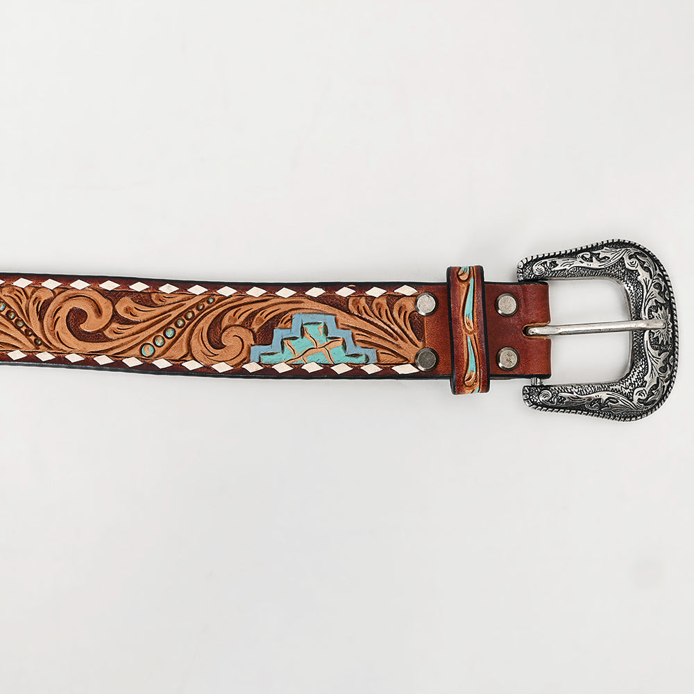ADBLF259 Turquoise Aztec Tooled Leather Belt with Whipstitch and Engraved Buckle