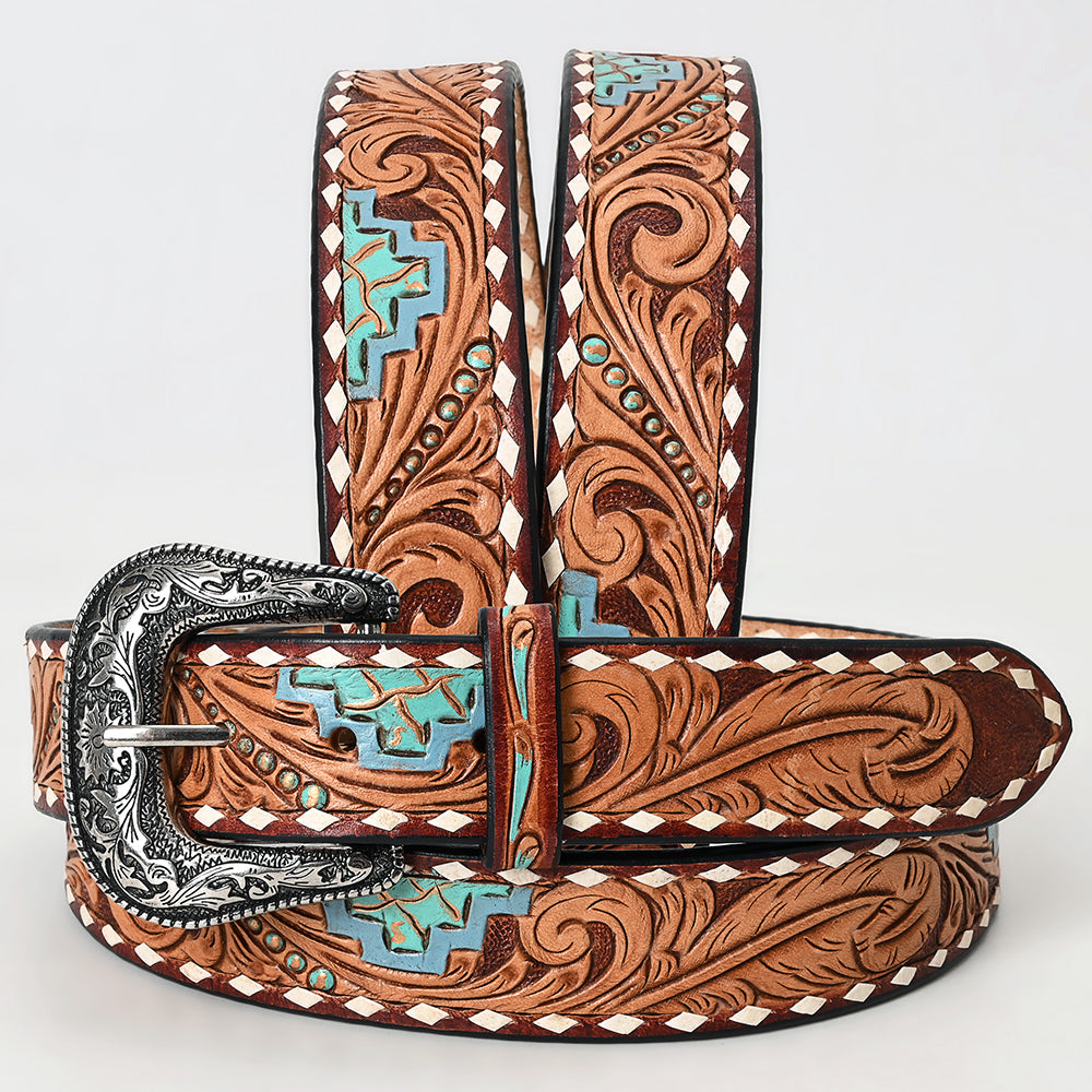 ADBLF259 Turquoise Aztec Tooled Leather Belt with Whipstitch and Engraved Buckle