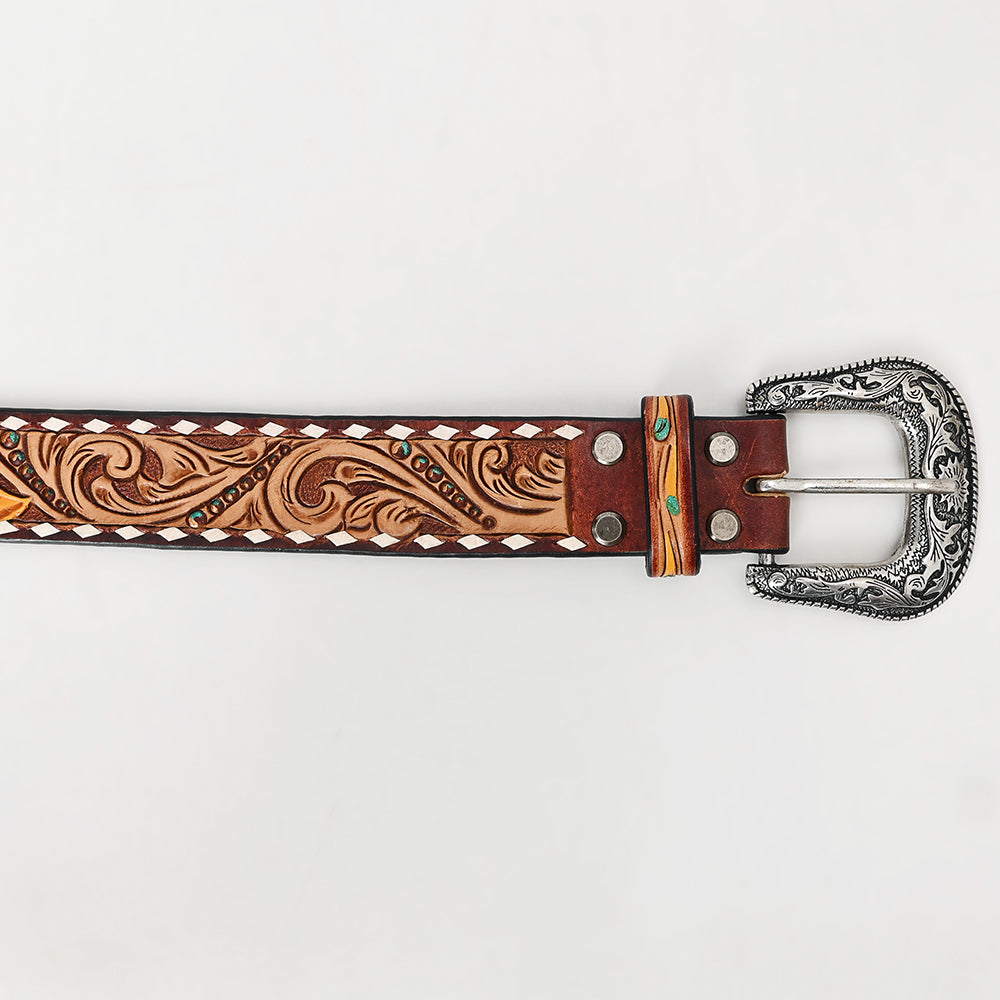 ADBLF260 Tooled Leather Western Belt with Sunflower Accents and Whipstitch Edge