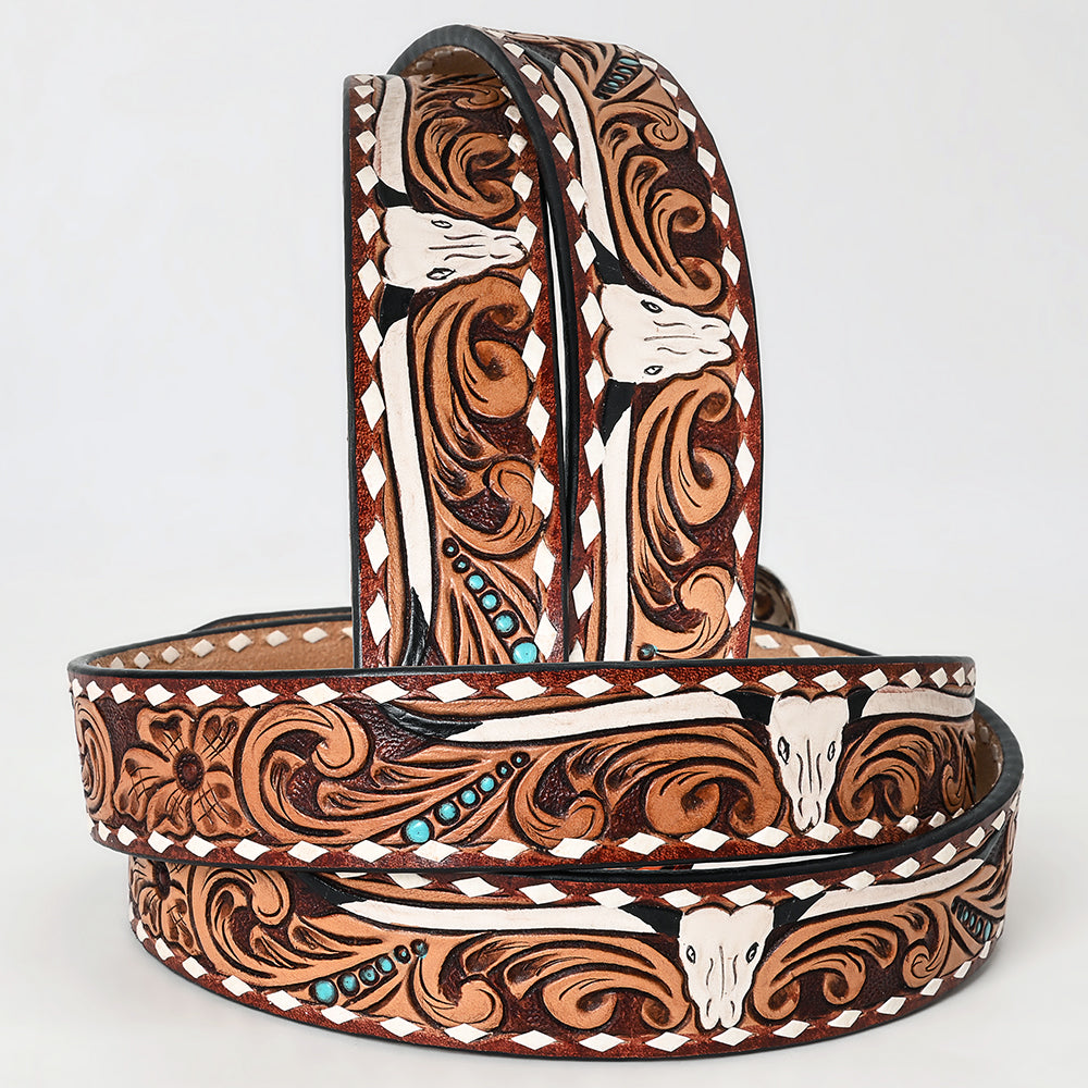 ADBLF261 Cow Skull Tooled Leather Western Belt with Turquoise Studs and Whipstitch