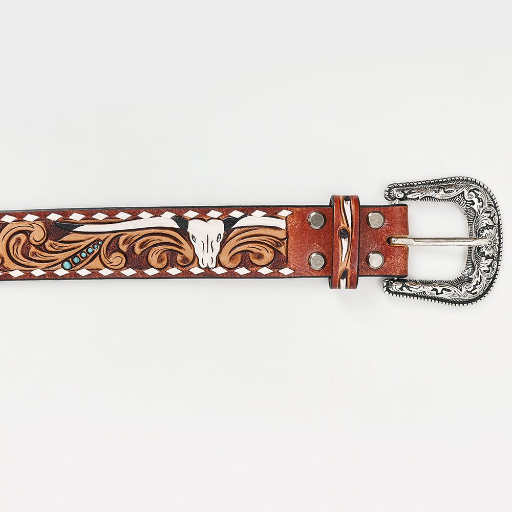 ADBLF261 Cow Skull Tooled Leather Western Belt with Turquoise Studs and Whipstitch