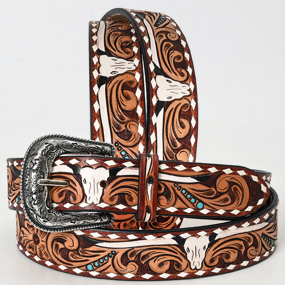 ADBLF261 Cow Skull Tooled Leather Western Belt with Turquoise Studs and Whipstitch