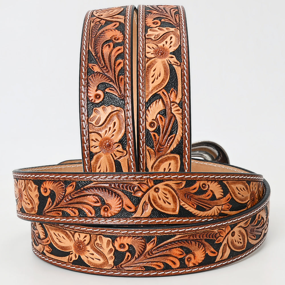 ADBLF262 Black & Tan Floral Tooled Leather Belt with Contrast Stitching and Silver Buckle