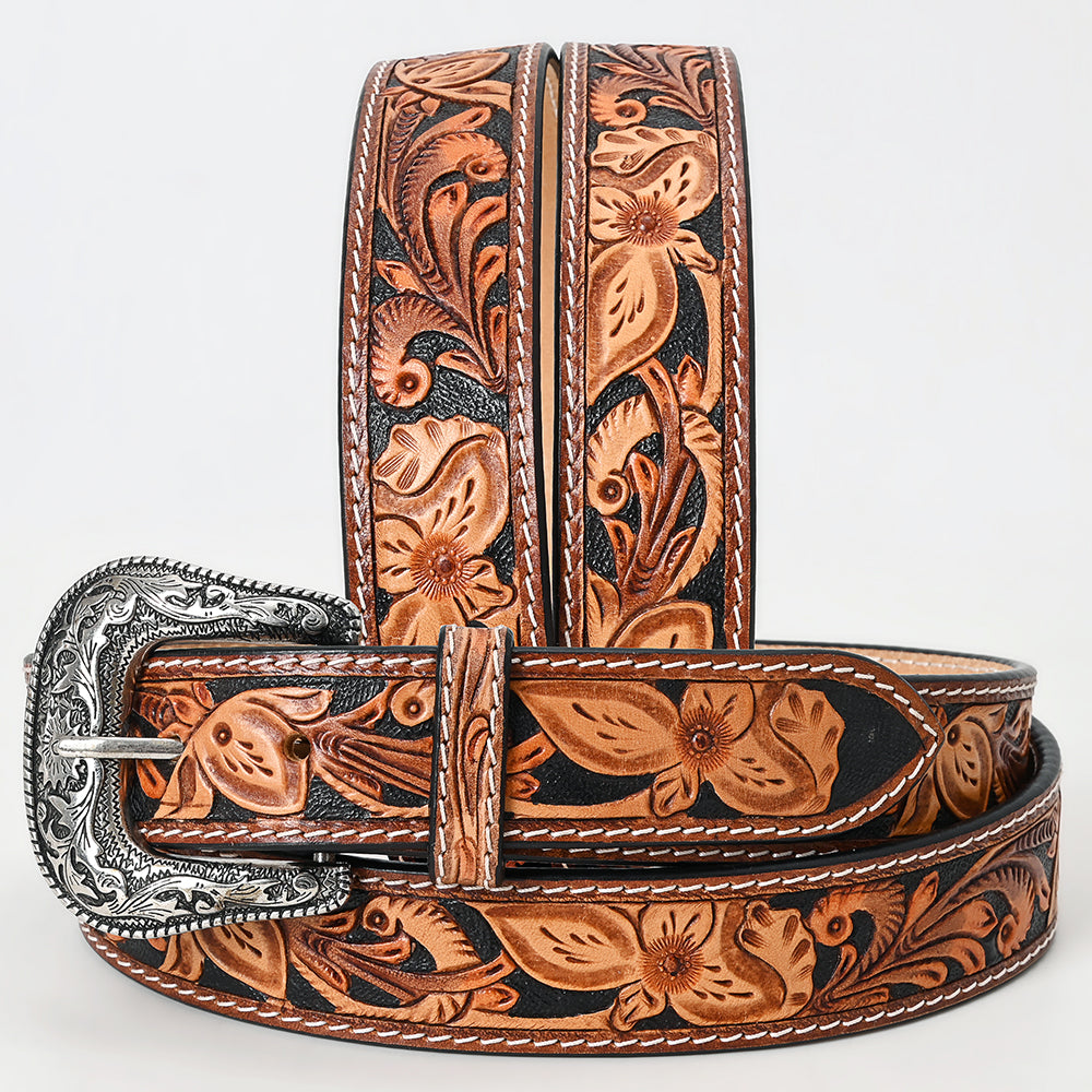 ADBLF262 Black & Tan Floral Tooled Leather Belt with Contrast Stitching and Silver Buckle