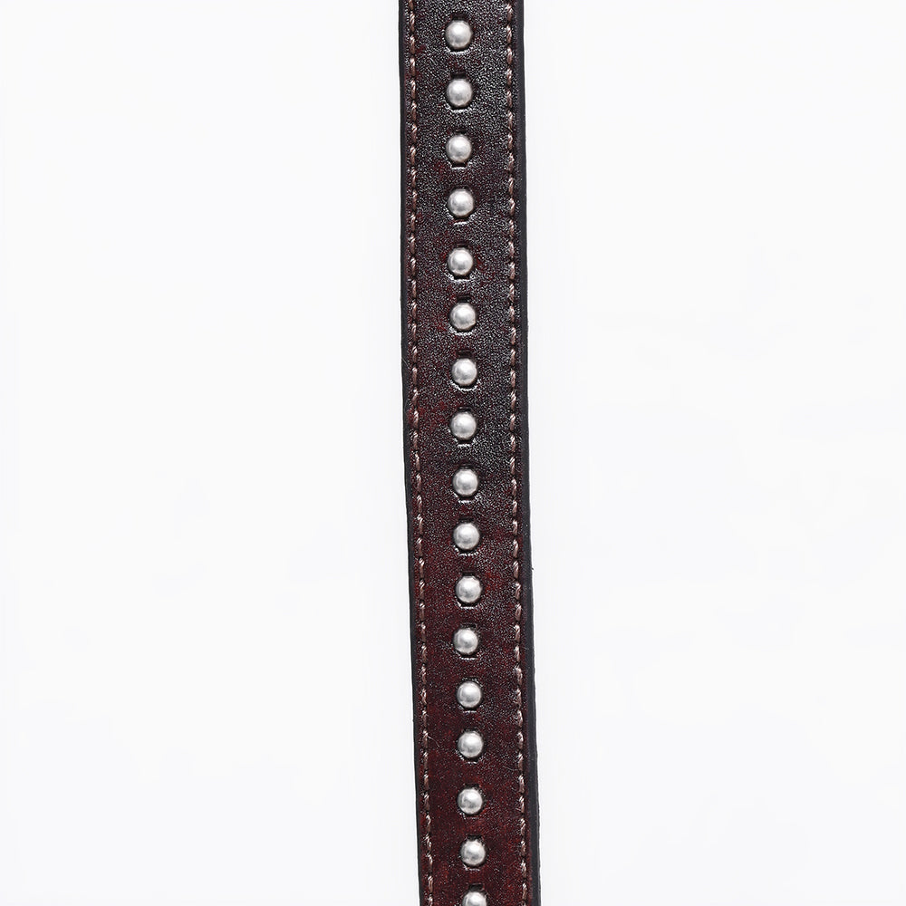 ADHTBR103 Western Studded Brown Leather Hatband with Engraved Silver Buckle