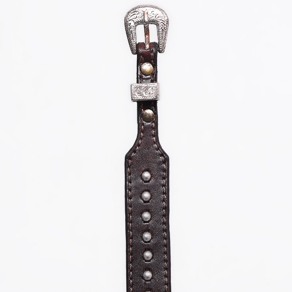 ADHTBR103 Western Studded Brown Leather Hatband with Engraved Silver Buckle