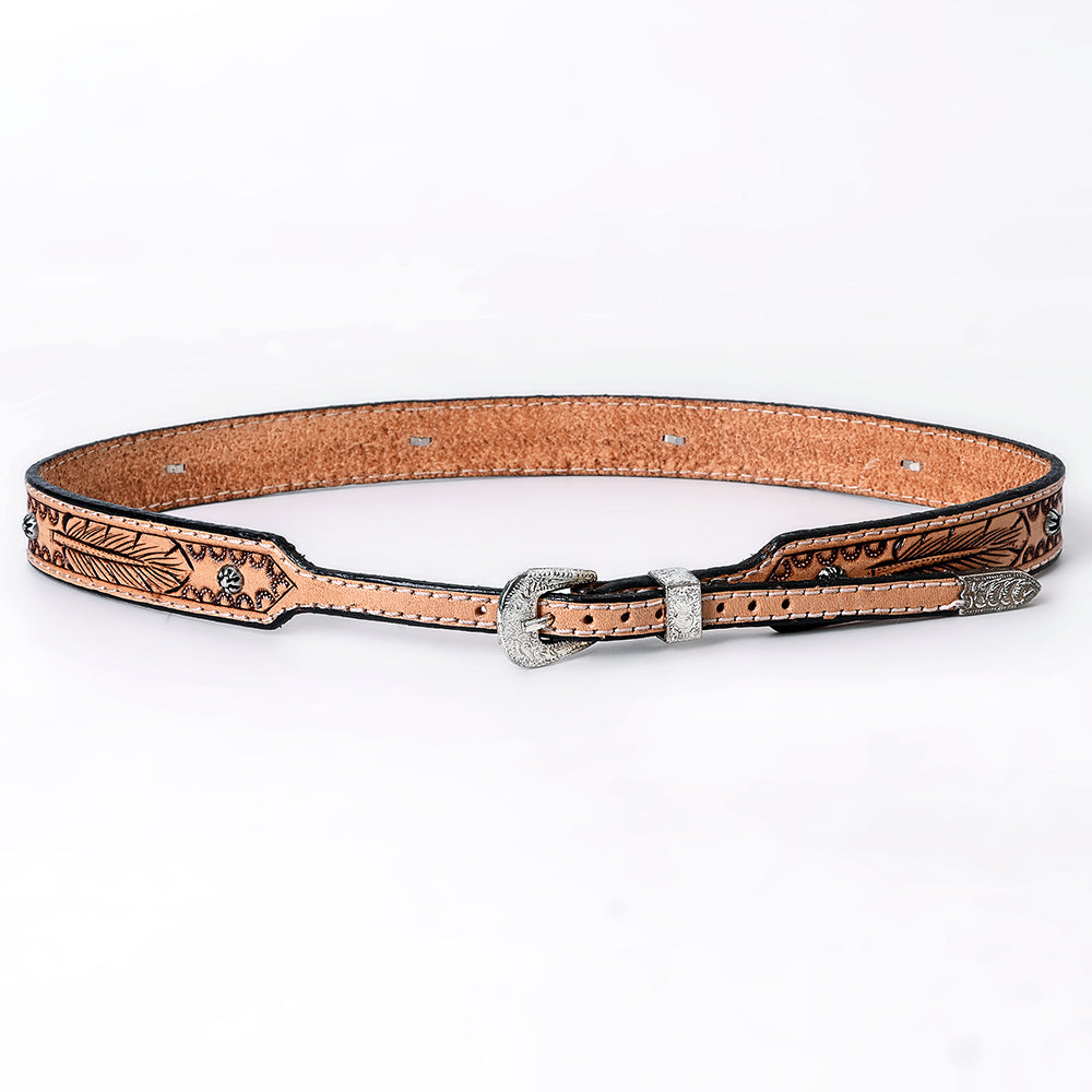 ADHTBR108 Tooled Natural Leather Western Hatband with Feather Pattern & Silver Buckle