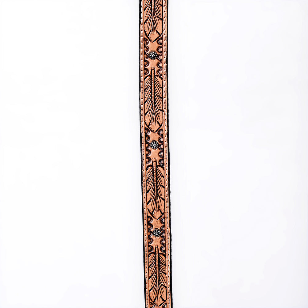 ADHTBR108 Tooled Natural Leather Western Hatband with Feather Pattern & Silver Buckle