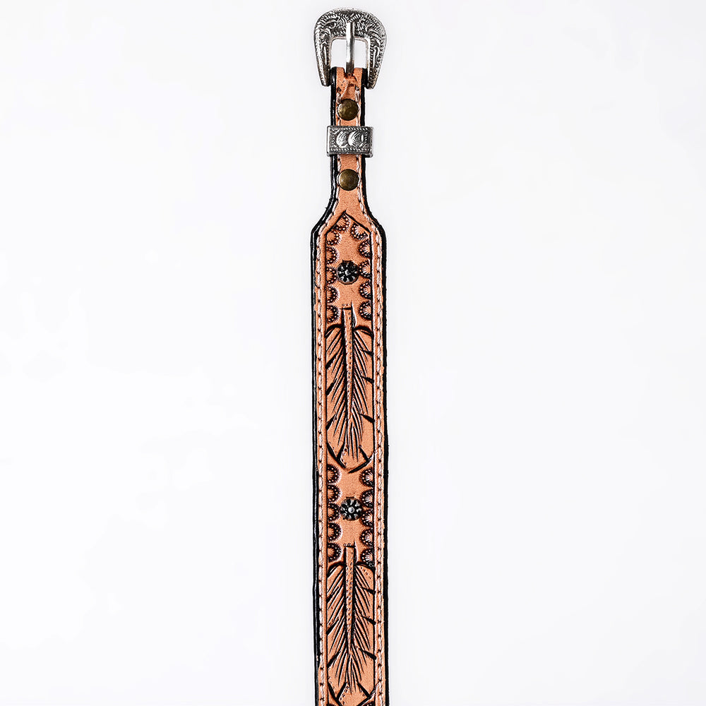 ADHTBR108 Tooled Natural Leather Western Hatband with Feather Pattern & Silver Buckle