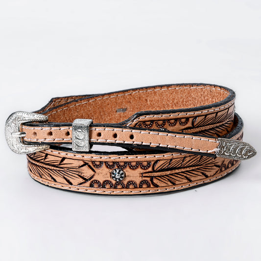 ADHTBR108 Tooled Natural Leather Western Hatband with Feather Pattern & Silver Buckle