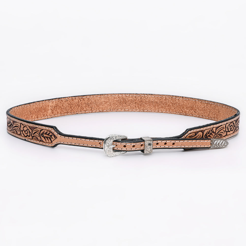 ADHTBR110 Floral Hand Tooled Natural Leather Western Hatband with Engraved Silver Buckle