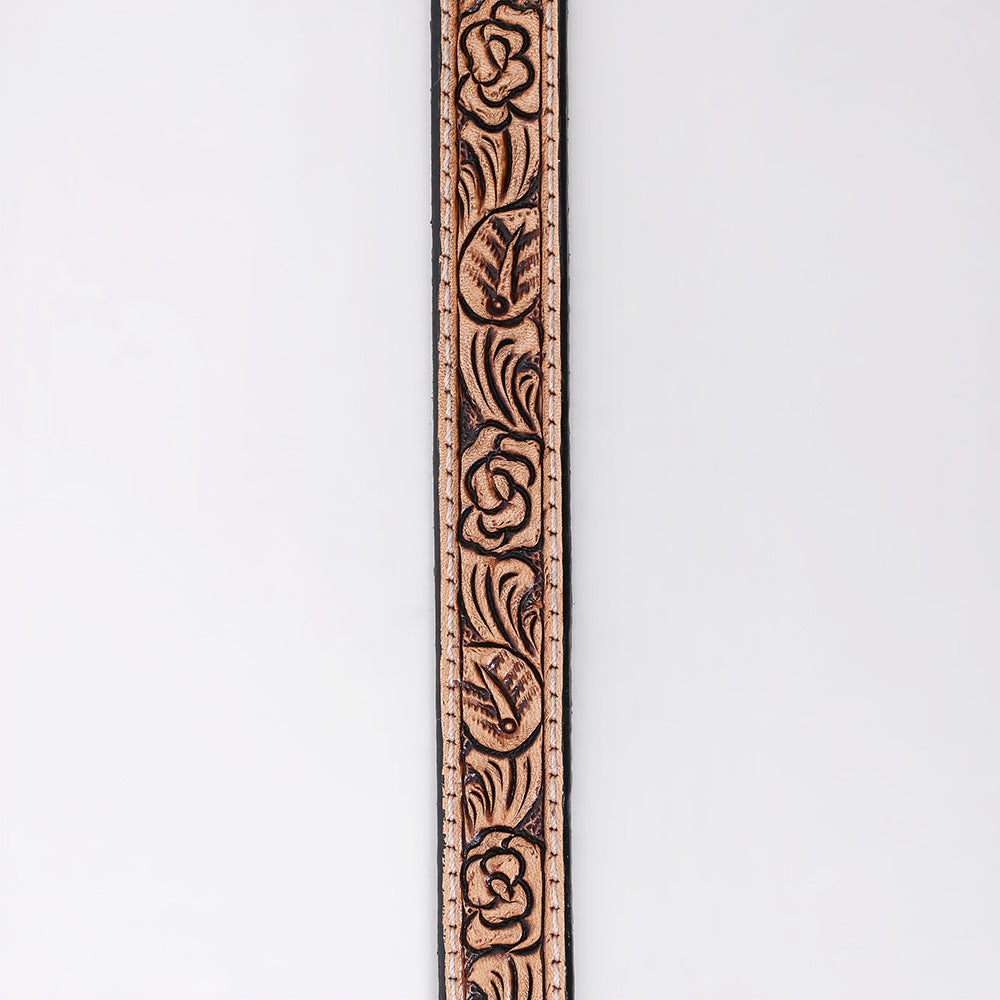 ADHTBR110 Floral Hand Tooled Natural Leather Western Hatband with Engraved Silver Buckle