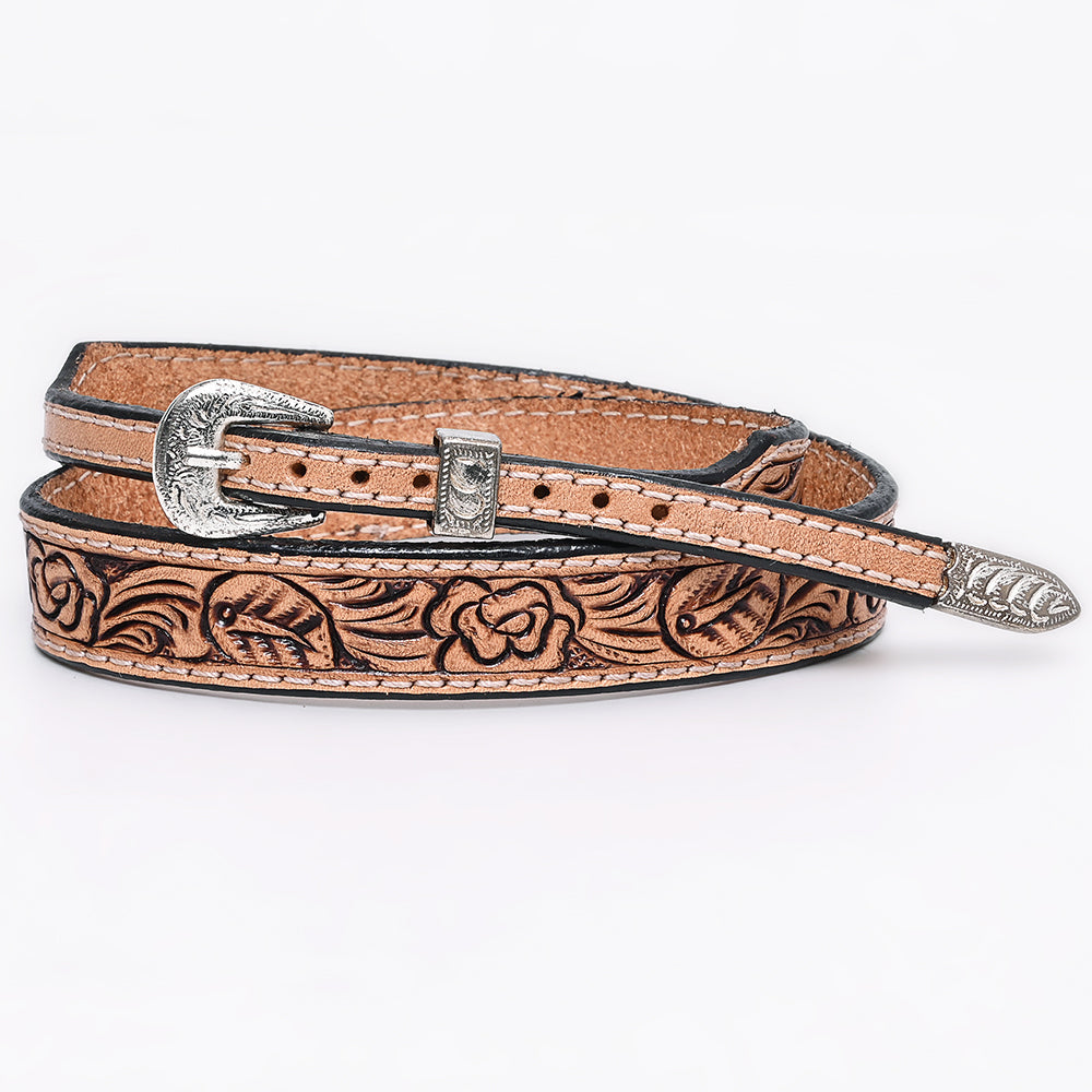 ADHTBR110 Floral Hand Tooled Natural Leather Western Hatband with Engraved Silver Buckle