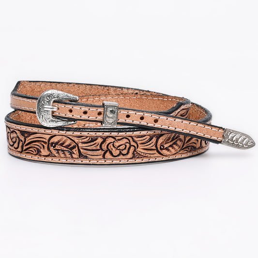 ADHTBR110 Floral Hand Tooled Natural Leather Western Hatband with Engraved Silver Buckle