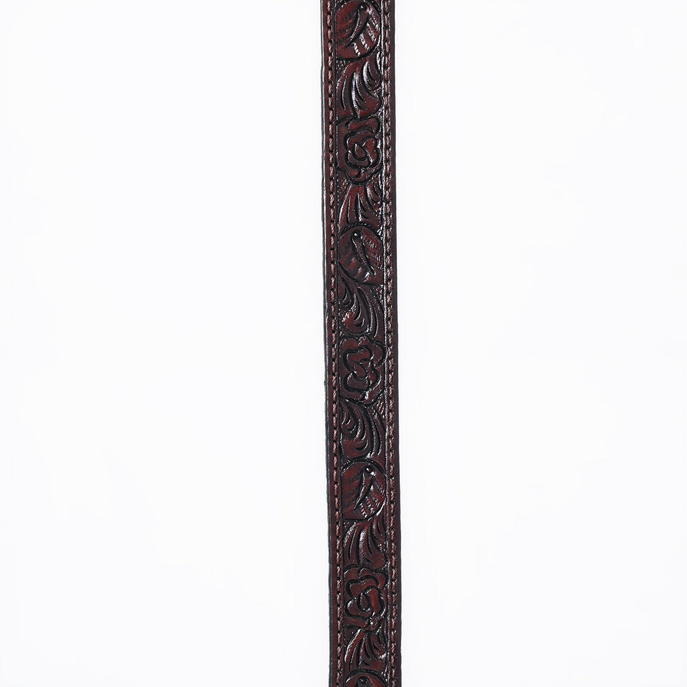 ADHTBR111 Dark Brown Tooled Leather Western Hatband with Floral Design & Silver Buckle