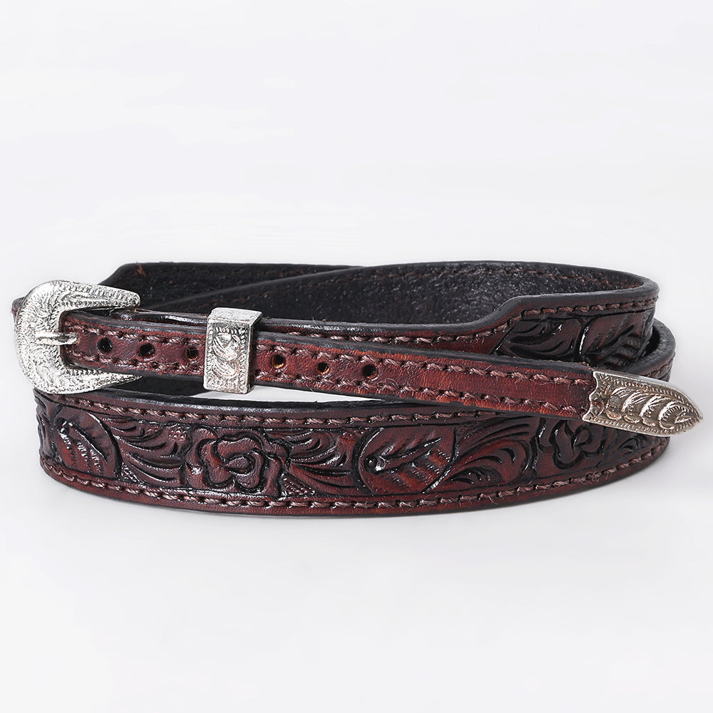 ADHTBR111 Dark Brown Tooled Leather Western Hatband with Floral Design & Silver Buckle