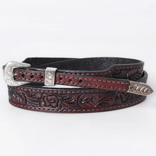 ADHTBR111 Dark Brown Tooled Leather Western Hatband with Floral Design & Silver Buckle