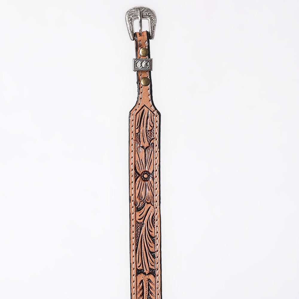 ADHTBR112 Natural Tooled Leather Western Hatband with Floral Design & Silver Buckle Set