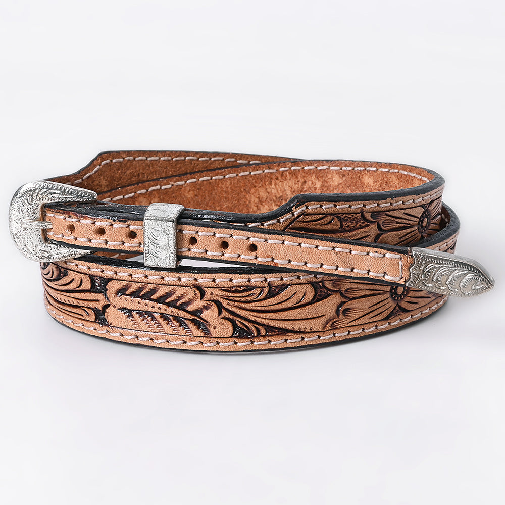 ADHTBR112 Natural Tooled Leather Western Hatband with Floral Design & Silver Buckle Set
