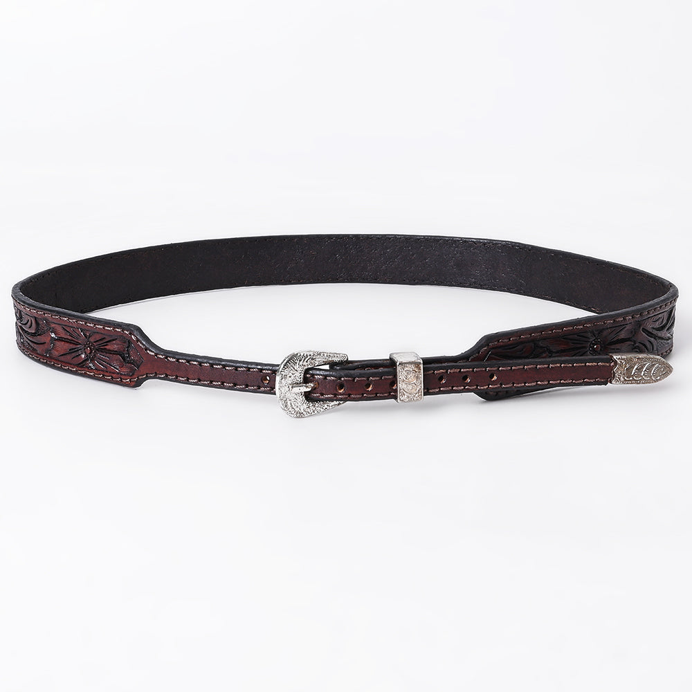 ADHTBR113 Dark Brown Tooled Leather Western Hatband with Floral Design & Silver Buckle Set