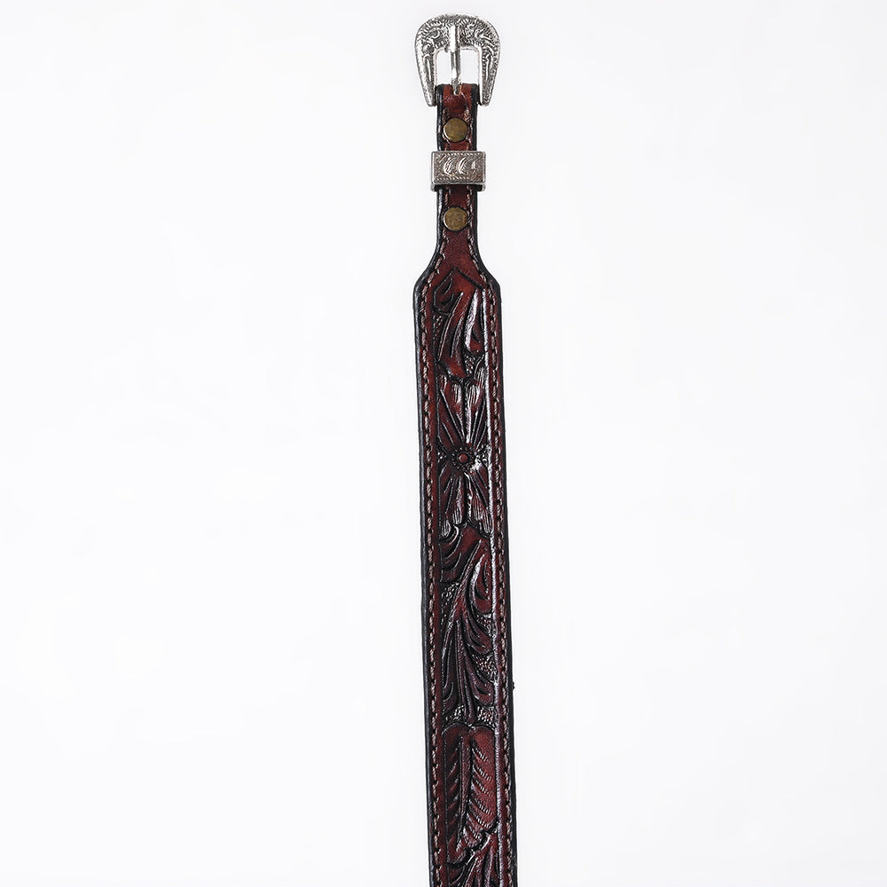 ADHTBR113 Dark Brown Tooled Leather Western Hatband with Floral Design & Silver Buckle Set