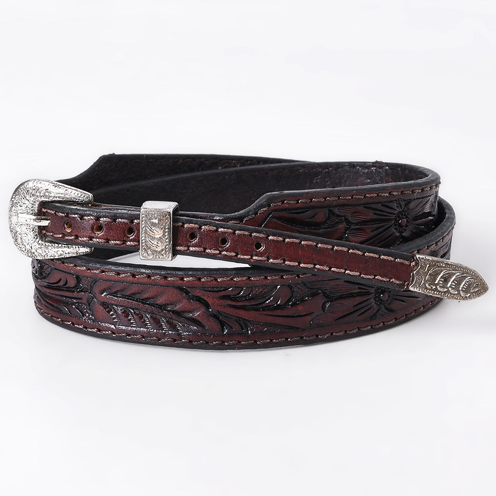 ADHTBR113 Dark Brown Tooled Leather Western Hatband with Floral Design & Silver Buckle Set