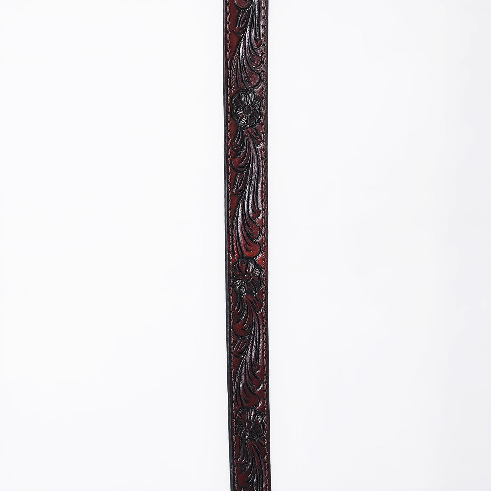 ADHTBR115 Deep Tooled Dark Brown Leather Western Hatband with Silver Buckle & Floral Detail
