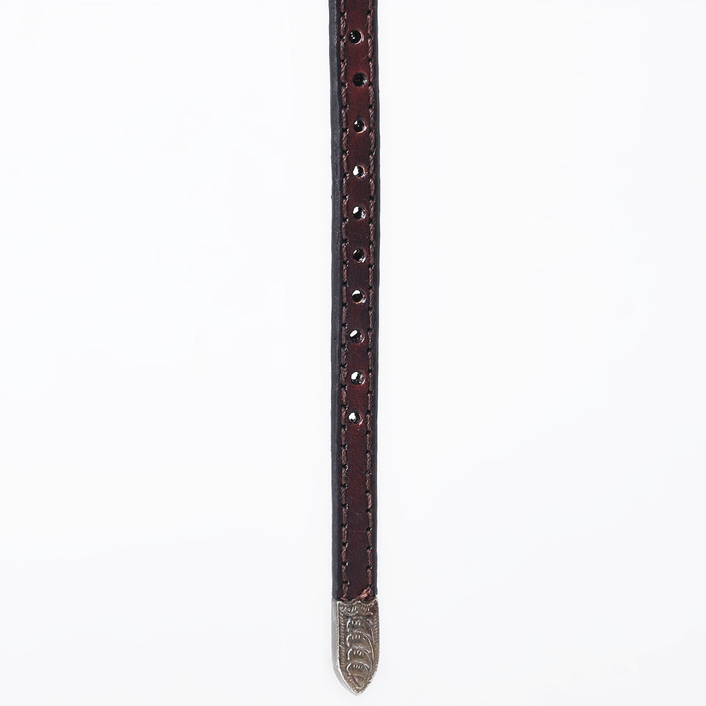ADHTBR115 Deep Tooled Dark Brown Leather Western Hatband with Silver Buckle & Floral Detail