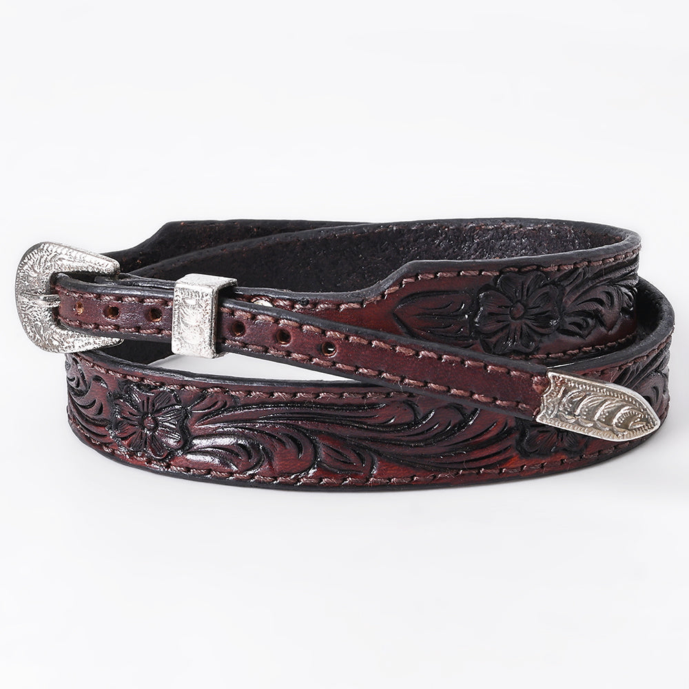 ADHTBR115 Deep Tooled Dark Brown Leather Western Hatband with Silver Buckle & Floral Detail