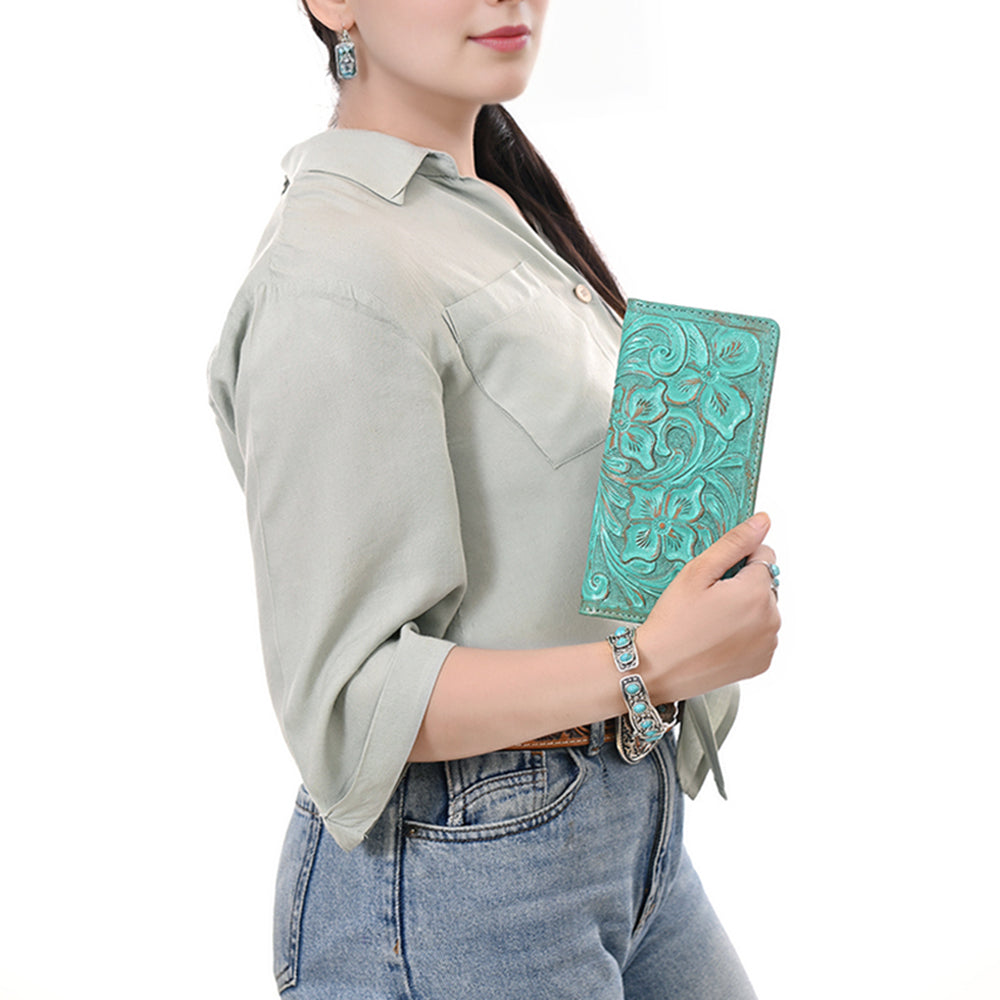ADBG1537 American Darling Western Leather Clutch Bag with Hand-Tooled Floral Carving - Genuine Leather
