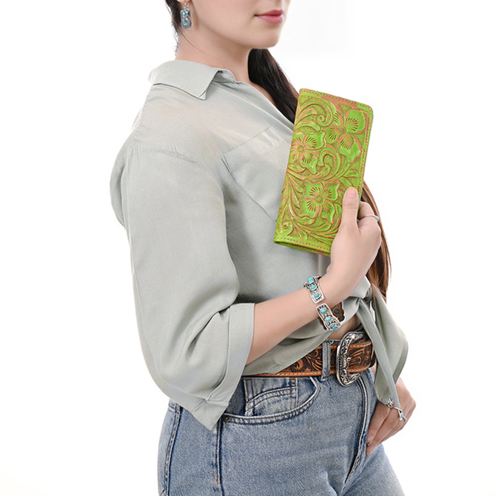 ADBG1537 American Darling Western Leather Clutch Bag with Hand-Tooled Floral Carving - Genuine Leather