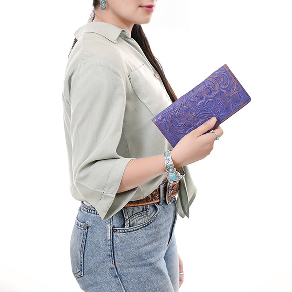 ADBG1537 American Darling Western Leather Clutch Bag with Hand-Tooled Floral Carving - Genuine Leather