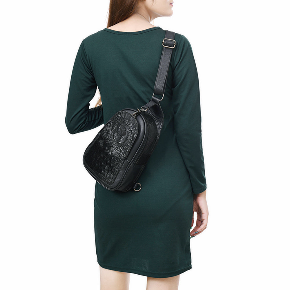 ADBG1538A American Darling Western Leather Sling Bag with Black Crocodile Embossed Detailing - Genuine Hair-on cowhide Leather