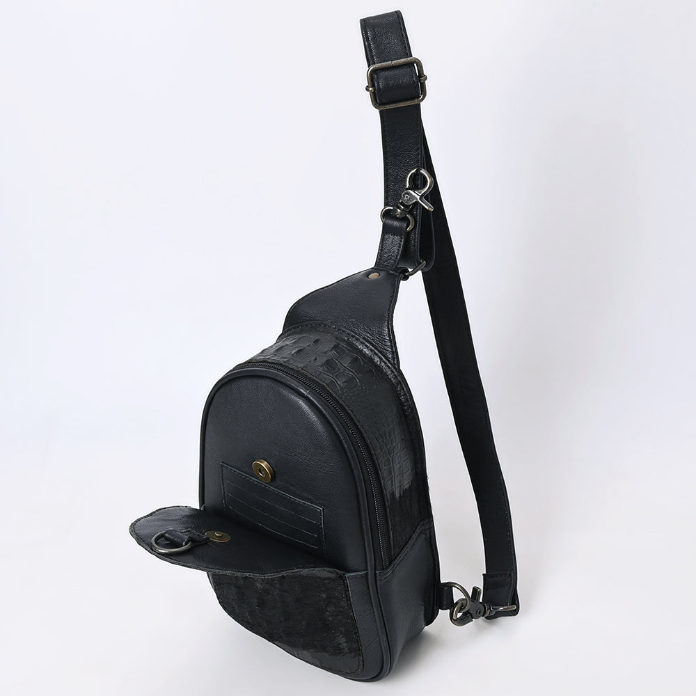 ADBG1538A American Darling Western Leather Sling Bag with Black Crocodile Embossed Detailing - Genuine Hair-on cowhide Leather
