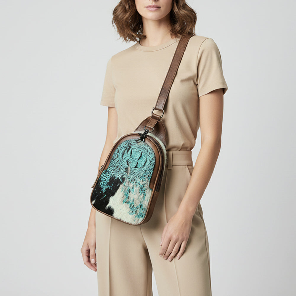 ADBG1538 American Darling Western Leather Sling Bag with Crocodile Embossed Detailing - Genuine Hair-on cowhide Leather