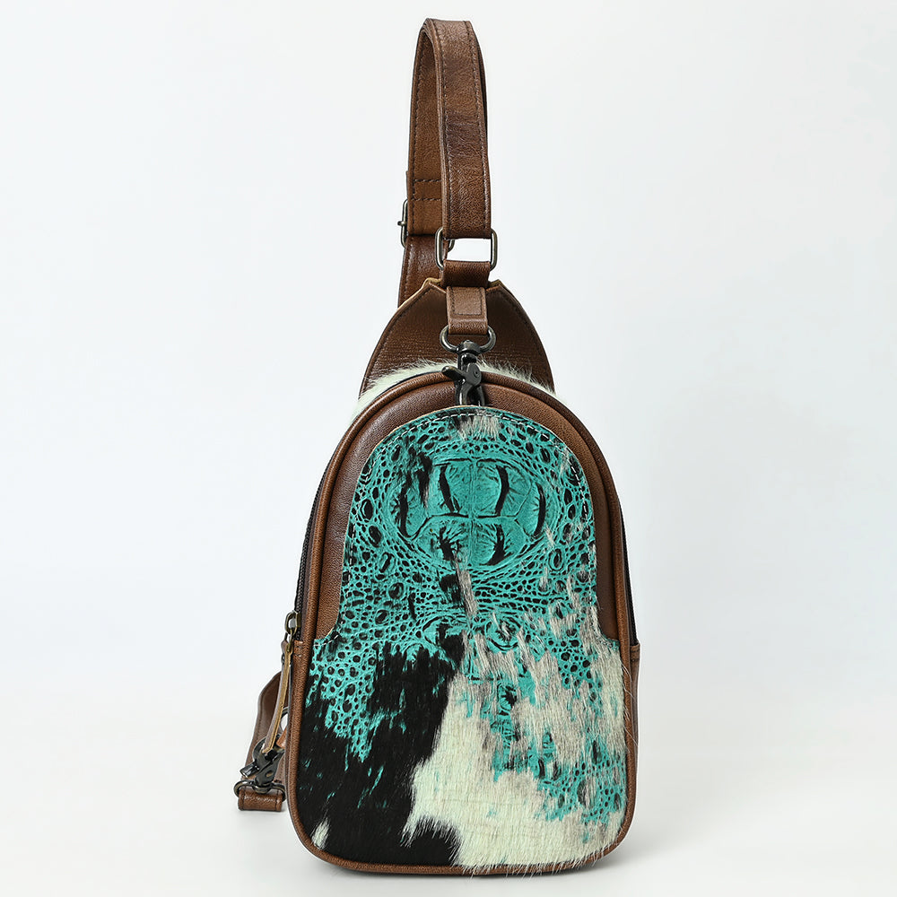 ADBG1538 American Darling Western Leather Sling Bag with Crocodile Embossed Detailing - Genuine Hair-on cowhide Leather