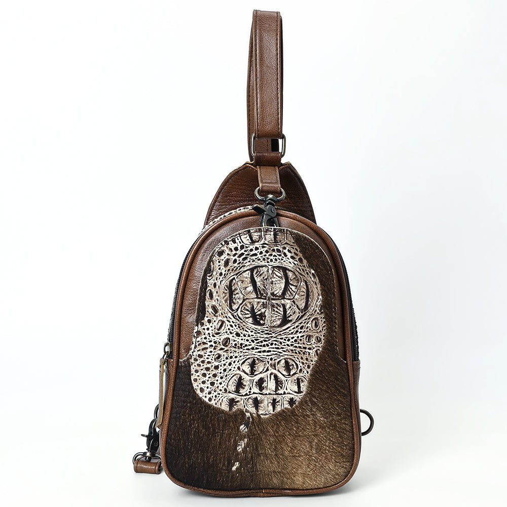 ADBG1538 American Darling Western Leather Sling Bag with Crocodile Embossed Detailing - Genuine Hair-on cowhide Leather