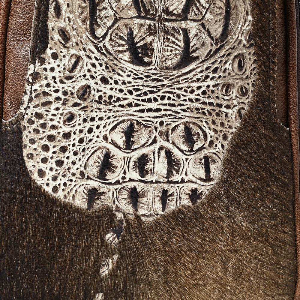 ADBG1538 American Darling Western Leather Sling Bag with Crocodile Embossed Detailing - Genuine Hair-on cowhide Leather
