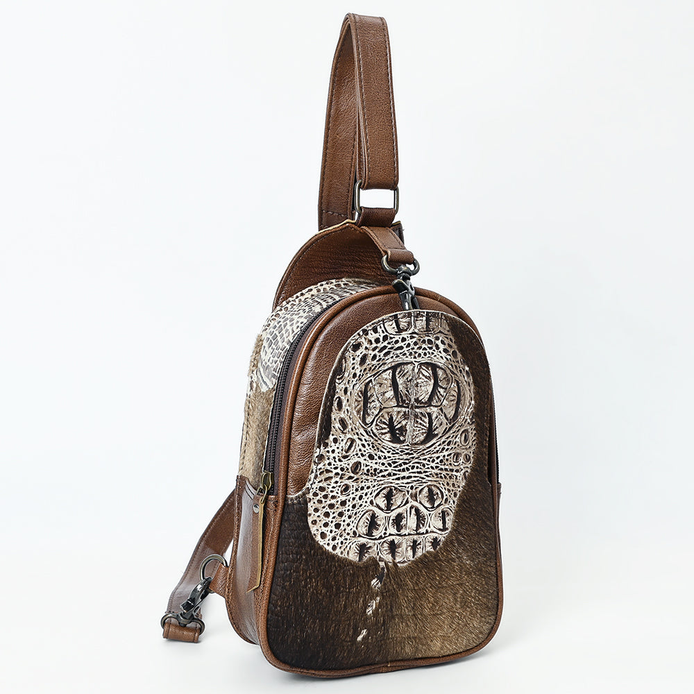 ADBG1538 American Darling Western Leather Sling Bag with Crocodile Embossed Detailing - Genuine Hair-on cowhide Leather