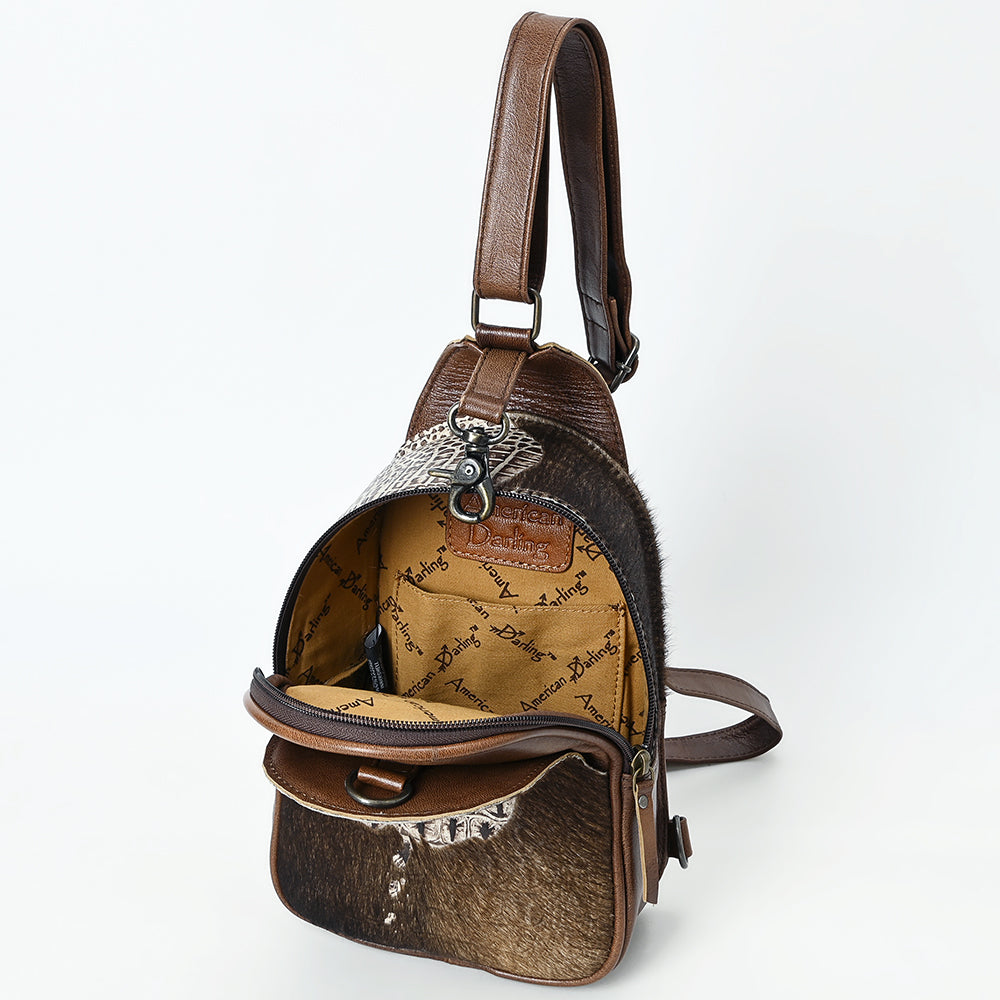 ADBG1538 American Darling Western Leather Sling Bag with Crocodile Embossed Detailing - Genuine Hair-on cowhide Leather