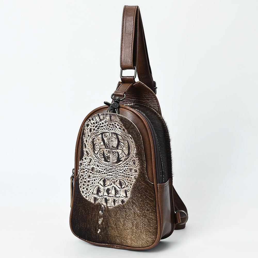 ADBG1538 American Darling Western Leather Sling Bag with Crocodile Embossed Detailing - Genuine Hair-on cowhide Leather