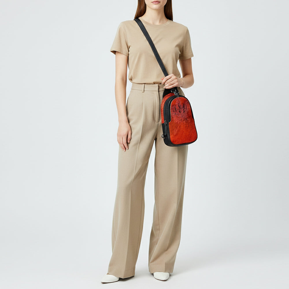 ADBG1538 American Darling Western Leather Sling Bag with Crocodile Embossed Detailing - Genuine Hair-on cowhide Leather