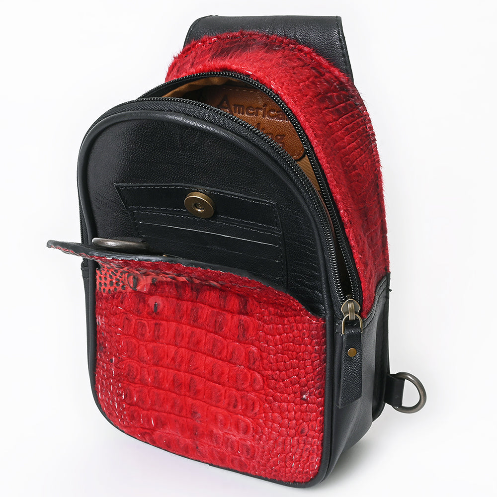 ADBG1538 American Darling Western Leather Sling Bag with Crocodile Embossed Detailing - Genuine Hair-on cowhide Leather