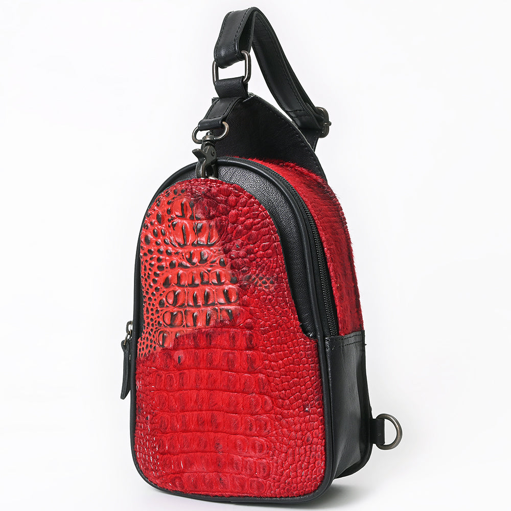 ADBG1538 American Darling Western Leather Sling Bag with Crocodile Embossed Detailing - Genuine Hair-on cowhide Leather